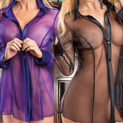 Alexa's Lingerie | Women Button Lingerie Dress | Transparent Long Sleeve Blouse